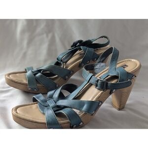 White Mountain Blue Leather Strappy Wedge Platform Heeled Sandals Women's size 9